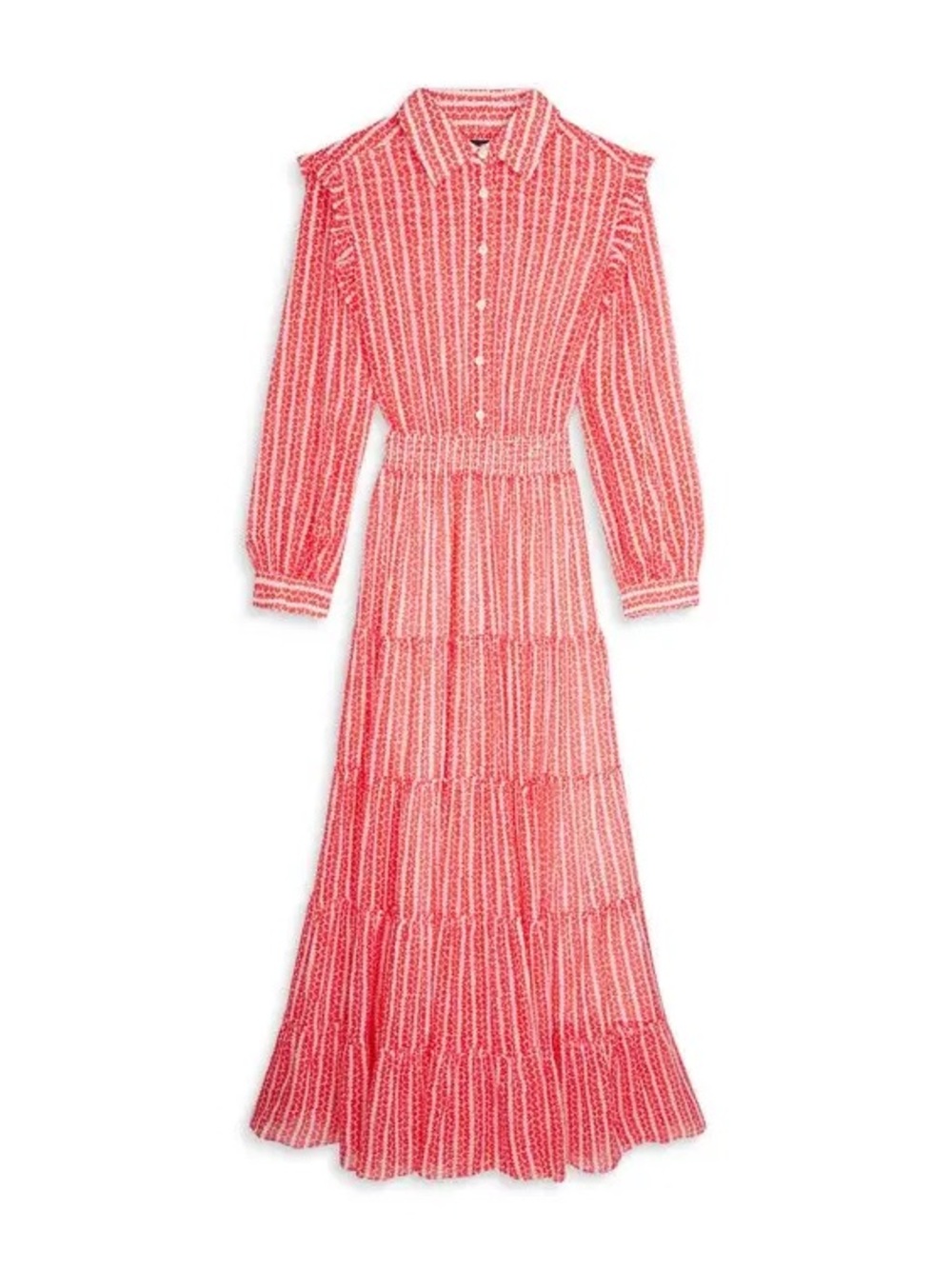 THE KOOPLES Floral Stripe Tiered Maxi Collared Shirt Dress in Red size 1/US4